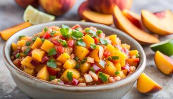 ai gerado pêssego manga salsa com chipotle salgadinhos foto