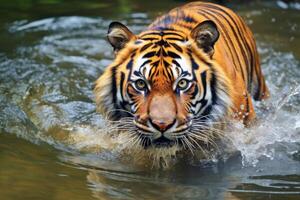 ai gerado fechar-se retrato do uma tigre caminhando graciosamente através rio, generativo ai foto