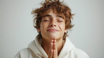 ai gerado uma jovem caucasiano homem faz uma desejo para Boa sorte, Rezar com fechadas olhos e sonhadores sorriso, em pé dentro frente do uma branco fundo. foto