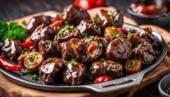 ai gerado cozido frango corações e fígado com Pimenta foto