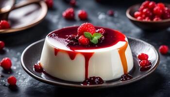 ai gerado Panna cotta com vermelho baga molho em uma Sombrio fundo. foto