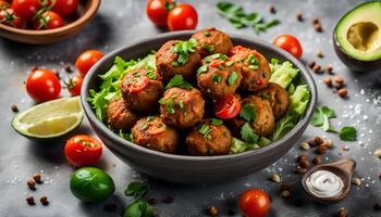 ai gerado caseiro falafel. grão de bico bolas com especiarias, tomates e abacate dentro uma tigela em uma cinzento concreto fundo topo visualizar. árabe cozinha, vegetariano Comida. foto