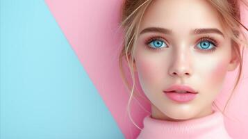 ai gerado lindo jovem mulher com deslumbrante azul olhos e Rosa vestuário em uma duas cores fundo foto