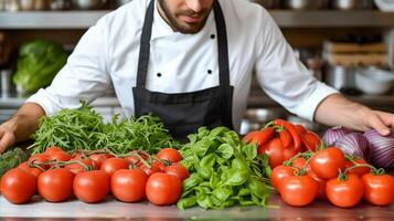 ai gerado profissional chefe de cozinha organizando fresco legumes em cozinha contador foto