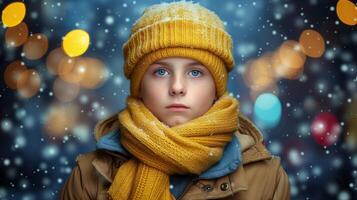 ai gerado contemplativo criança dentro inverno vestuário no meio queda de neve e bokeh luzes foto