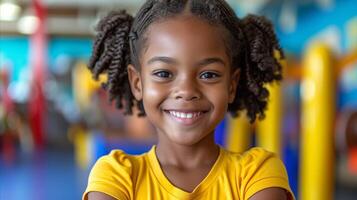 ai gerado sorridente menina com trançado cabelo às interior Parque infantil foto