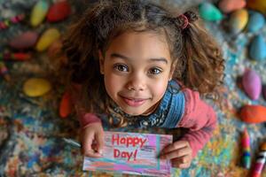 ai gerado a 8 ano velho africano americano menina desenha uma cartão com a inscrição feliz mãe dia foto