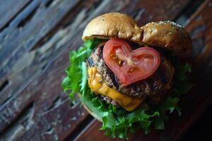 ai gerado caseiro coração em forma Hamburger com carne bovina, tomate e alface em de madeira fundo foto