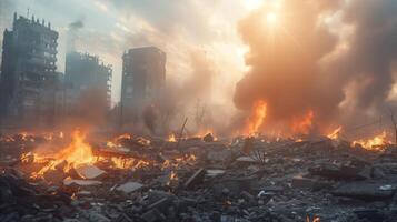 ai gerado Pós-apocalíptico cidade destruição cena com fogo e fumaça foto