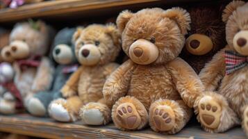 ai gerado sortido Urso de pelúcia ursos em exibição estante dentro brinquedo loja ou berçário foto