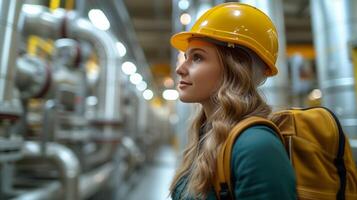 ai gerado jovem fêmea engenheiro inspecionando industrial instalação durante dia foto