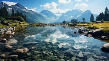 ai gerado impressionante natureza panorama. lindo cena com Alto tatra montanha picos, pedras dentro montanha lago, calma lago água, reflexão, colorida pôr do sol céu. foto