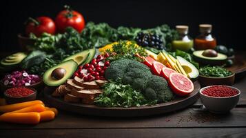 ai gerado princípios e regras do uma saudável estilo de vida com apropriado nutrição equilibrado dieta vegetariano legumes frutas ceto cetose foto