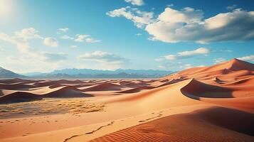 ai gerado lindo panorama do deserto dunas montanhas com brilhante nuvens céu. mínimo natureza fundo. foto