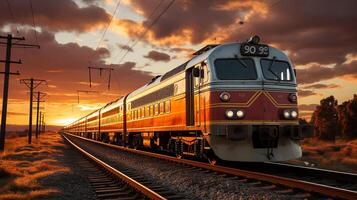 ai gerado trem em a Ferrovia, pôr do sol fundo foto