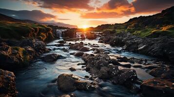 ai gerado cascata às pôr do sol foto