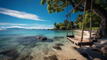 ai gerado nascer do sol, tropical de praia paraíso Como verão panorama com de praia balanço ou maca e branco areia, calma mar sereno de praia. luxo de praia período de férias verão feriado. foto