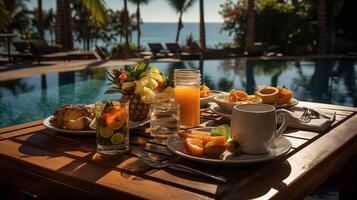 ai gerado café da manhã dentro natação piscina, flutuando café da manhã dentro luxuoso tropical recorrer. mesa relaxante em calma piscina água, saudável café da manhã e fruta prato de recorrer piscina. foto