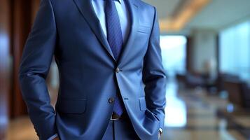 ai gerado profissional homem de negocios dentro azul terno em pé dentro moderno escritório foto