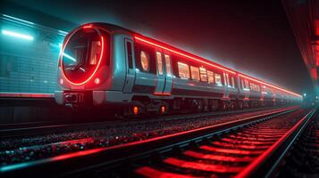 ai gerado futurista trem às uma iluminado por neon estação às noite foto