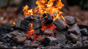 ai gerado fechar-se do carvão briquetes dentro vívido chamas para cozinhando e grelhar foto