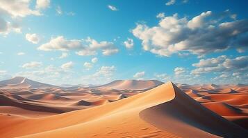 ai gerado lindo panorama do deserto dunas montanhas com brilhante nuvens céu. mínimo natureza fundo. foto