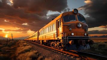 ai gerado trem em a Ferrovia, pôr do sol fundo foto