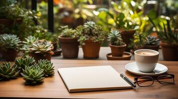 ai gerado o negócio conceito. topo Visão do esvaziar caderno, computador portátil, copo do café, suculento plantar ans Óculos sobre luz escrivaninha. foto