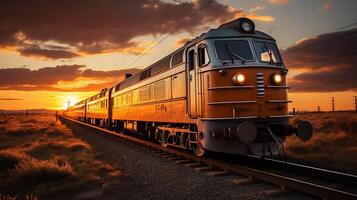 ai gerado trem em a Ferrovia, pôr do sol fundo foto