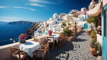 ai gerado santorini ilha, Grécia. panorama com lindo panorama e mar visualizar. fantástico verão período de férias e feriado conceito foto