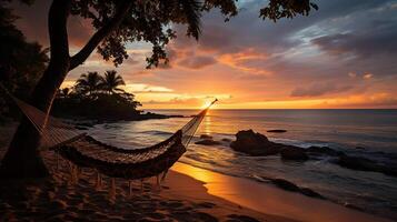 ai gerado pôr do sol, tropical de praia paraíso Como verão panorama com de praia balanço ou maca e branco areia, calma mar sereno de praia. luxo de praia período de férias verão feriado. foto