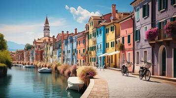 ai gerado tradicional gôndolas dentro veneziano água canal dentro Veneza. lindo turístico lugar. viagem. gondoleiro carrega turistas em gôndola grande canal do Veneza, Itália foto