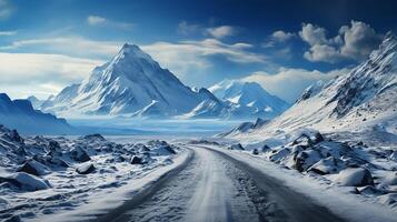 ai gerado viagem para Islândia. estrada dentro uma brilhante ensolarado montanha panorama. vatna vulcão coberto com neve e gelo em tne fundo foto