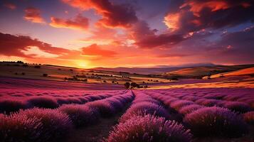 ai gerado Maravilhoso cenário, surpreendente verão panorama do florescendo lavanda flores, pacífico pôr do sol visualizar, agricultura cênica. lindo natureza fundo foto