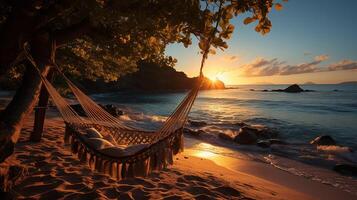 ai gerado pôr do sol, tropical de praia paraíso Como verão panorama com de praia balanço ou maca e branco areia, calma mar sereno de praia. luxo de praia período de férias verão feriado. foto