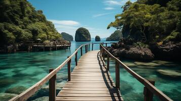 ai gerado relaxante em madeira ponte dentro lindo destino ilha, phang-nga baía, azul céu, aventura estilo de vida viagem tailândia, turismo natureza panorama Ásia, turista em verão feriado foto