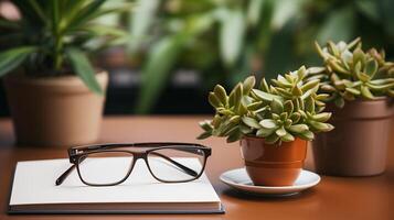 ai gerado o negócio conceito. topo Visão do esvaziar caderno, computador portátil, copo do café, suculento plantar ans Óculos sobre luz escrivaninha. foto