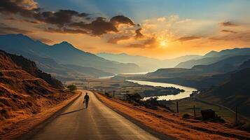 ai gerado cênico curvado rodovia asfalto estrada com dourado céu e montanha dentro a pôr do sol foto