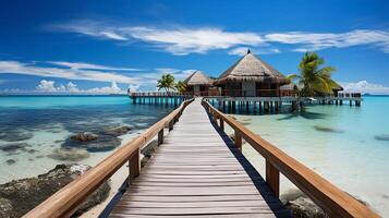 ai gerado surpreendente ensolarado panorama às Maldivas. luxo recorrer vilas marinha com impulso acima cores, azul mar céu, fantástico cais. perfeito verão período de férias feriado fundo. foto