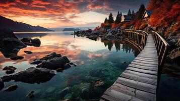 ai gerado impressionante natureza panorama. lindo cena com Alto tatra montanha picos, pedras dentro montanha lago, calma lago água, reflexão, colorida pôr do sol céu. foto