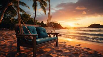 ai gerado nascer do sol, tropical de praia paraíso Como verão panorama com de praia balanço ou maca e branco areia, calma mar sereno de praia. luxo de praia período de férias verão feriado. foto