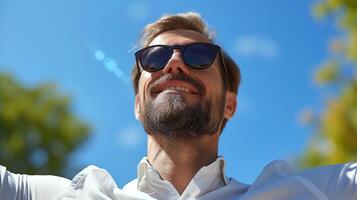 ai gerado sorridente barbudo homem desfrutando uma ensolarado dia ao ar livre dentro casual vestem foto