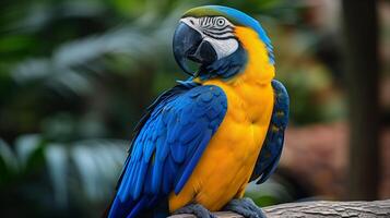 ai gerado majestoso azul e ouro arara empoleirado ao ar livre foto