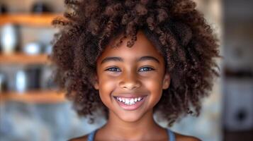 ai gerado retrato do uma feliz jovem menina com encaracolado cabelo e uma brilhante sorrir foto