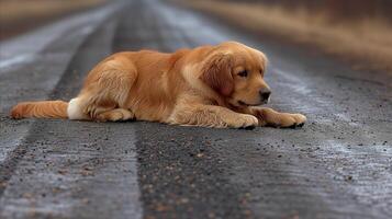 ai gerado dourado retriever cachorro deitado em uma molhado estrada foto