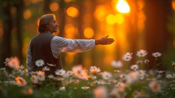 ai gerado sereno homem abraçando natureza dentro uma florescendo margarida Prado às pôr do sol foto