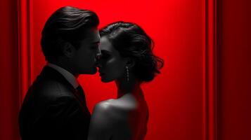 ai gerado elegante casal partilha íntimo momento dentro vermelho iluminação foto