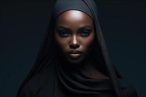 ai gerado lindo sério confiante africano americano mulher dentro Preto hijab lenço de cabeça olhando às Câmera, baixo chave retrato foto