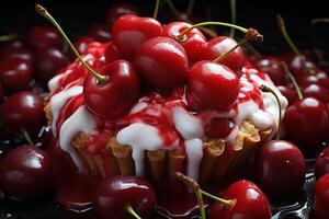 ai gerado sobremesa bolo com creme e cerejas, fechar-se foto