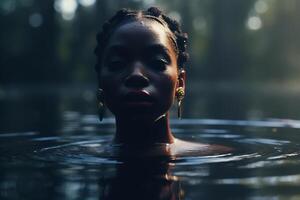 ai gerado feminilidade retrato dentro baixo chave. africano americano mulher dentro água dentro natureza praticando selvagem natação dentro lagoa e olhando às Câmera foto